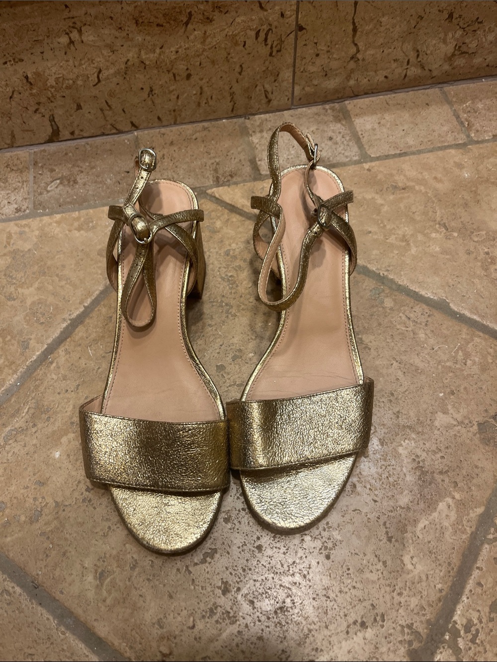 J. Crew Metallic Gold Foil Ankle-Strap Block Heel Sandals - Picture 2 of 7